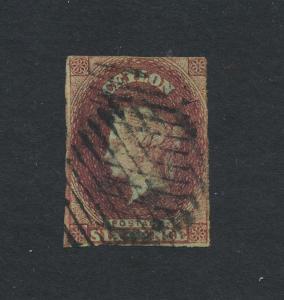 CEYLON 1857, 6d ON BLUED PAPER,VF USED SG#1 (SEE BELOW)