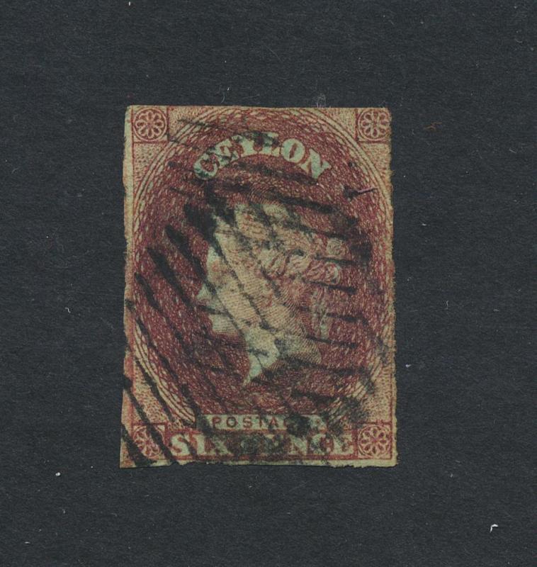 CEYLON 1857, 6d ON BLUED PAPER,VF USED SG#1 (SEE BELOW)