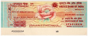 (I.B) India Revenue : United Bank of India Gift Cheque 25R (specimen)