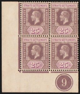 STRAITS SETTLEMENTS 1921 KGV 25c, Die I, type I, plate 9 block, wmk script.