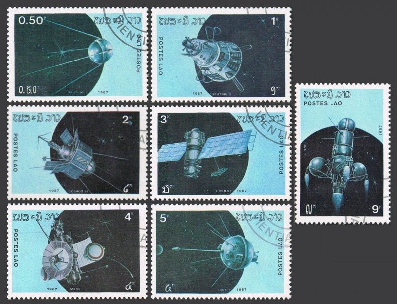 Laos 781-787,CTO.Michel 988-994. Space Flight-30,1987.Satellites.