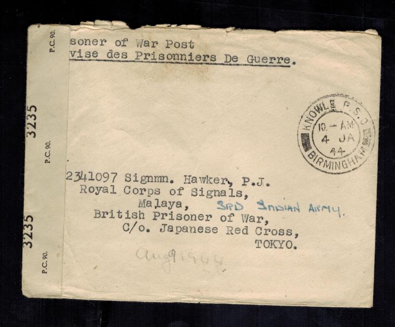 1944 Birmingham England Cover to Prisoner of War POW Tokyo Japan Red Cross Malay