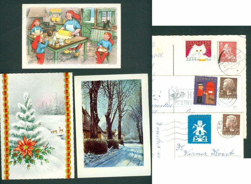 Denmark. 3 Christmas Card With Seal/Stamps 1973-1974-1975. Santa,Deer,Trees.