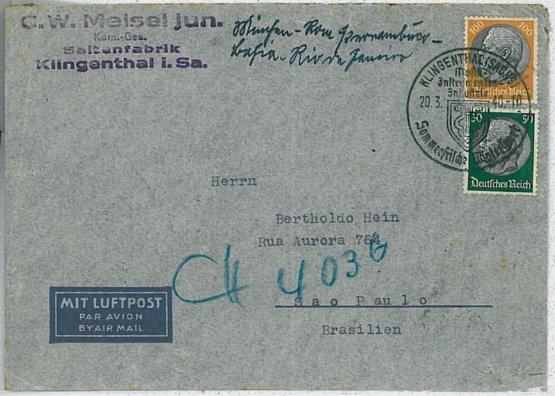 MUSIC -   GERMANY - POSTAL HISTORY:  COVER to BRAZIL censure on back-  1940