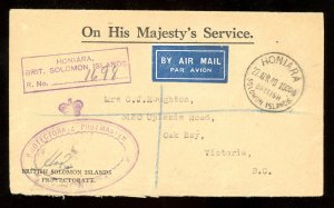 1949 Solomon Islands ON HIS MAJESTY'S SERVICE Cover, Honiara to Vi...