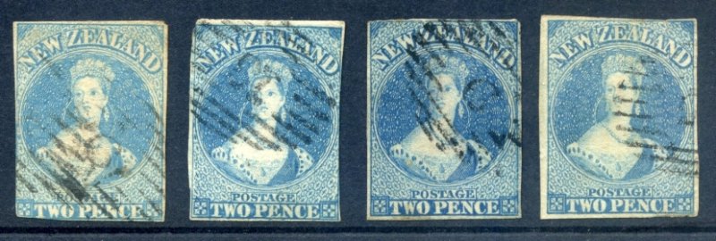 New Zealand Chalon 2d blue no wmk Richardson print, X 4 shades etc, SG9 & 10