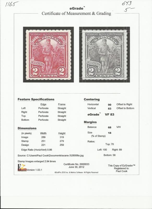 # 643 MINT NEVER HINGED CARMINE ROSE VERMONT SESQUICENTENNIAL VF+