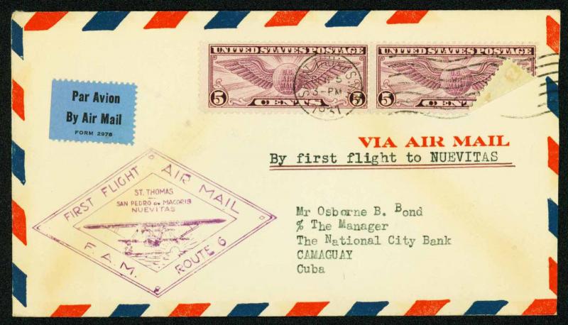 1931 FIRST FLIGHT FAM 6-123 ST. THOMAS TO NUEVITAS - C12 FRANKING (ESP#1959) 