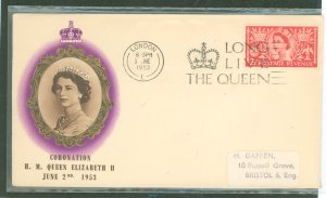 Great Britain 313 Coronation of Queen Elizabeth, 1st day cachet Long Live the Queen, June 3, 1953 cancel addressed.