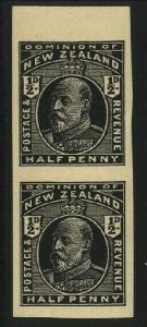 NEW ZEALAND EVII ½d plate proof in black imperf pair.......................21241