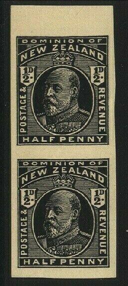 NEW ZEALAND EVII ½d plate proof in black imperf pair.......................21241