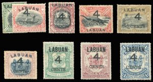 Labuan #87-95 Cat$341.75, 1899 Surcharges, complete set, hinge remnant, some ...