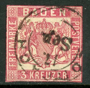 Germany States 1862 Baden 3 Kr Rose (No Perfs) Scott #18 VFU G423