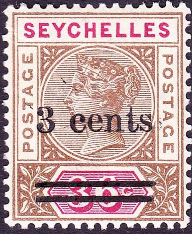 SEYCHELLES 1901 QV 3 Cents on 36 Cents Brown & Carmine SG39 MH