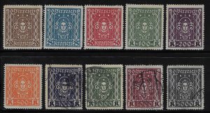 Austria #288-97 Unused - OG H and Used; Complete set of 10 (1922-24)