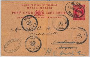 42314  MALTA - POSTAL STATIONERY CARD to ZANIA CRETE forwarded to HERAKLION 1906