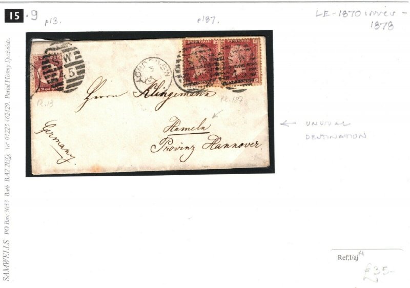 GB HALFPENNY p13 Cover London *HAMELN* Germany 1d Red Pair p187 1878 15.9