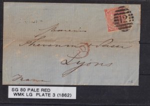 GREAT BRITAIN SG 80 PALE RED PLATE 3 WMK LG (1862) LONDON TO LYON FRANCE COVER