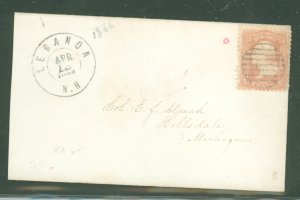 US 65 Postmarked Lebanon, NH, Apr 12, 1866, w/complete lined circle killer. Modestly reduced at left