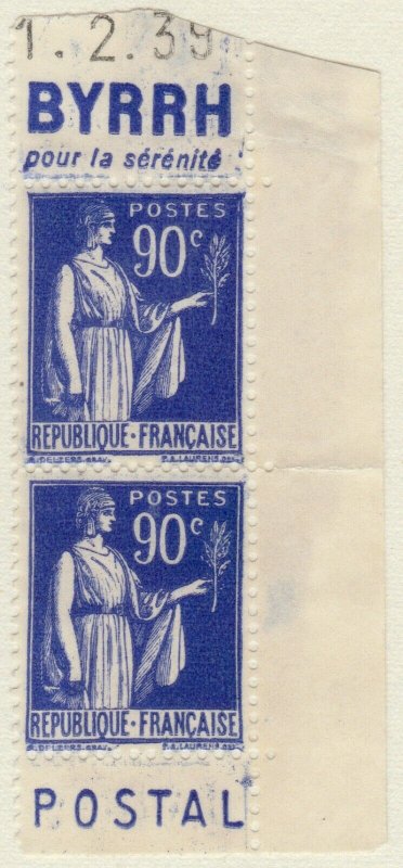 FRANCE - 1938 Paire avec Pubs BYRRH/CCP Yv.368a 90c Paix t.I gomme partielle