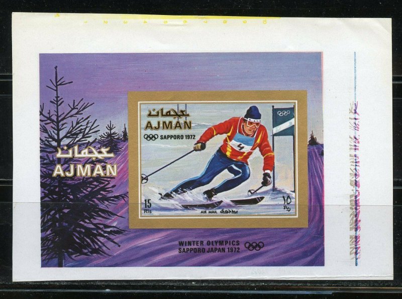 AJMAN SAPPORO  OLYMPICS   SKIING PROOF IMPERF SOUVENIR SHEETON UNGUMMED PAPER