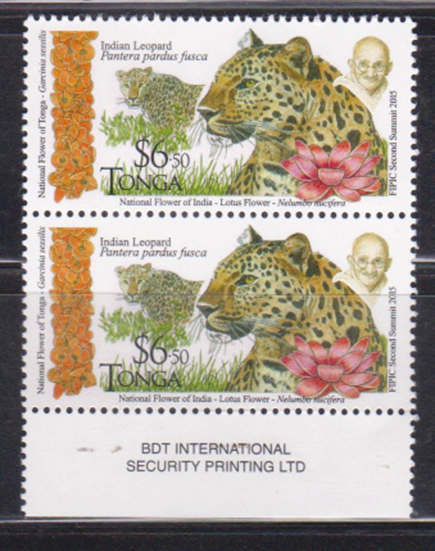 TONGA - 2016 GANDHI, LEOPARD WILD ANIMAL & LOTUS - 2V PAIR MNH