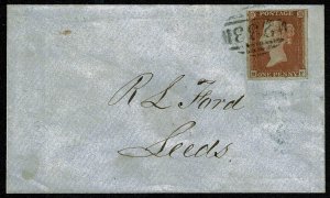 GB 1d red MF on envelope to Leeds. Darlington horizontal oval cancellation.