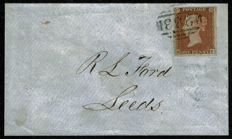 GB 1d red MF on envelope to Leeds. Darlington horizontal oval cancellation.