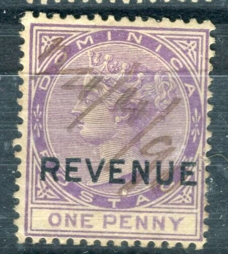 DOMINICA; 1880s early classic QV REVENUE Optd. issue fine used 1d. value 