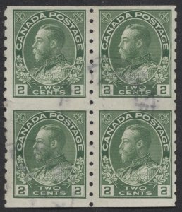 Canada #128a 2c George V Admiral Part Perforate Block of 4 VF