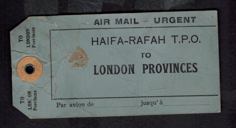 Palestine Airmail Bag tag haifa Rafah TPO to London Provinces