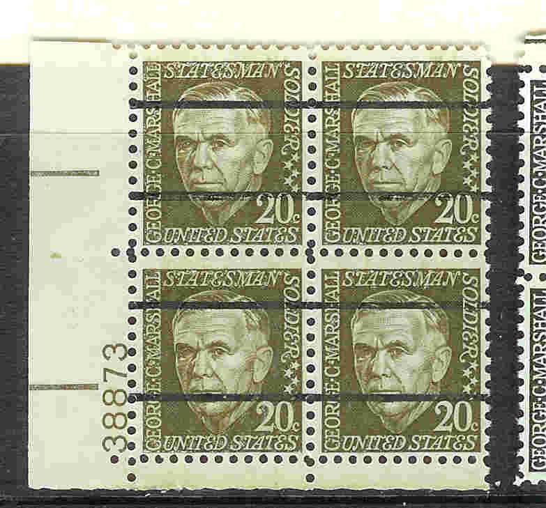 SC#1289a 20c Marshall pl blk of 4 SG mvfnhog 1965-78 pc