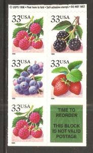 #3298-3301 Berries pane of 5 from Vending Booklet Mint NH