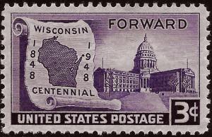 Scott 957    3¢ Wisconsin Centennial Single, MNH