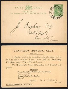 Transvaal 1911 1/2d printed stat postcard from GERMISTON BOWLING CLUB