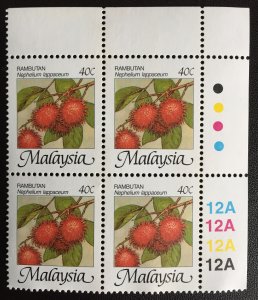 Malaysia 1994 Fruits Rambutans 40c Block plate 12A MNH P.13¾x14 SG#344b M2099