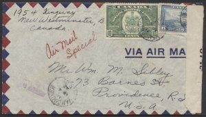 1942 Vancouver BC to USA, Air Mail Special Delivery, #E7 + #C6, Censored