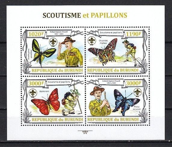 Burundi, 2012 issue. Baden Powell and Scouts with Butterflies on a sheet of 4.