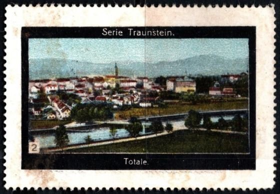 Vintage Germany Poster Stamp Traunstein Series Total View Of City