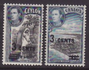 Ceylon-Sc#290-1- id8-two unused og NH KGVI 3c surcharged-1940-1-