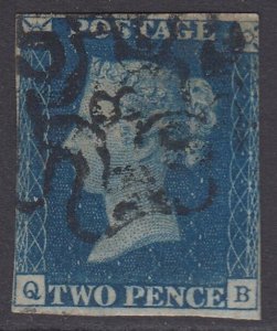 Number ‘8’ in Maltese cross on 1840 2d blue plate 2 lettered QB. Full margin...