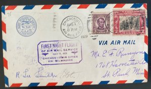 1929 Chicago IL USA First Night Flight Cover To St Paul MN Pilot Signed