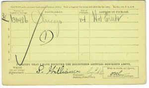 1907 Hotcreek, NV (DPO) cancel on registered package receipt card