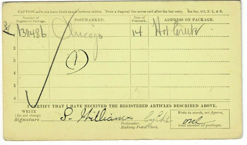 1907 Hotcreek, NV (DPO) cancel on registered package receipt card