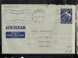 NETHERLANDS COVER (P0212B)  1950  45 O    AEROGRAM  TO AUSTRALIA 