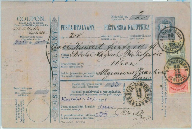 89068 - HUNGARY Croatia - POSTAL HISTORY - MONEY ORDER STATIONERY FORM  1878