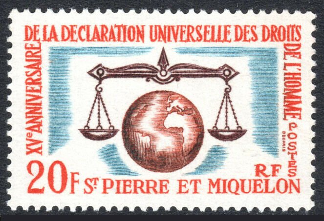 St Pierre & Miquelon 368, MNH. Human Rights Issue. Scales of Justice, 1963