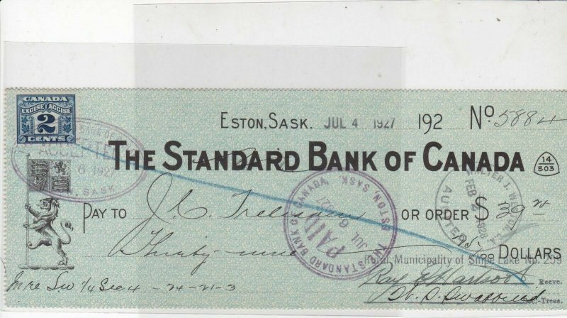 Canada Stamp 1927 Standard Bank of Canada Municipality of Snipe Lake Cheque26556