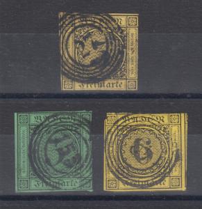 Baden Sc 2, 7, 9 used. 1851-53 Numerals, 3 different with small faults