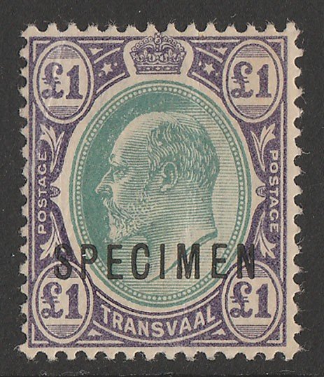 TRANSVAAL : 1903 KEVII £1 green & violet, SPECIMEN, wmk crown CA.